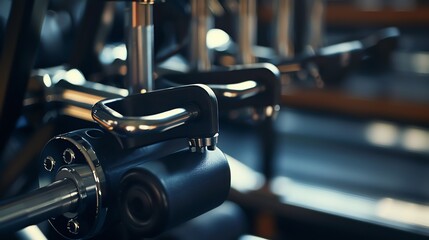 Naklejka premium The image is of a close-up of a cable machine in a gym. The machine is made of metal and has a black and silver color scheme.