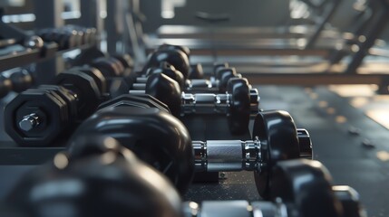 Naklejka premium A set of dumbbells in a modern gym. The dumbbells are made of black rubber and have a silver handle.