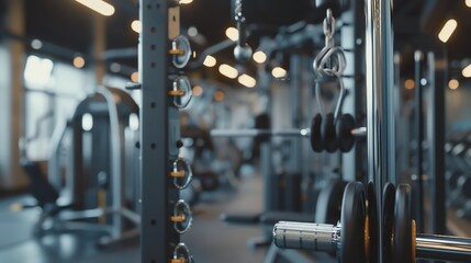 Fototapeta premium The image is a close-up of a weightlifting machine in a gym. The machine is made of metal and has a variety of weights attached to it.