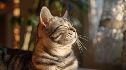 Naklejka premium Grooming of American shorthair cat under the sun