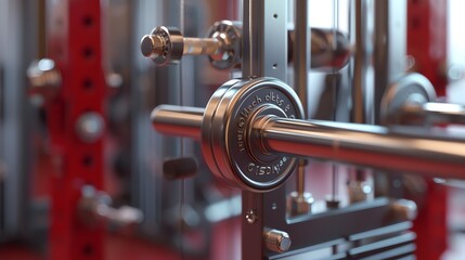 Fototapeta premium Close-up of a weightlifting bar with a shiny metal finish. The bar is attached to a cable machine and is surrounded by a red background.