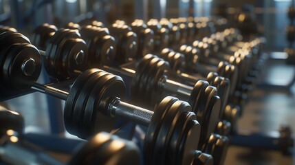 Fototapeta premium A variety of dumbbells are arranged in a neat row on a rack in a modern gym. The shiny metal weights are different sizes and have black rubber grips.