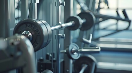 The image is a close-up of a barbell with weight plates on it. The barbell is sitting on a rack in a gym.