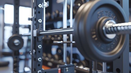 Naklejka premium Close-up of a barbell on a rack in a gym. The barbell is in focus, while the background is blurred. The image is well-lit and has a modern feel.