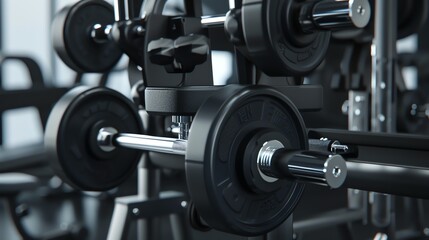 Naklejka premium Black barbells with black and gray weight plates on a rack in a gym. The barbells are in focus, with the weights blurred in the background.