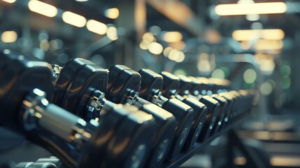 A rack of dumbbells in a blurry gym. The dumbbells are black and have silver handles. The rack is made of metal and is painted black.