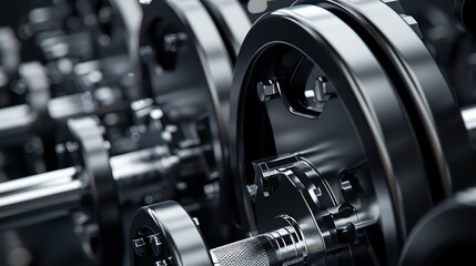 Fototapeta premium 3D rendering of a close-up of a black metal dumbbell. The dumbbell is in focus and the background is blurred.