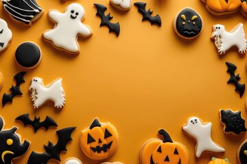 Halloween-themed cookies with jack-o'-lanterns, ghosts, and bats, decorated with vibrant orange and black icing, placed on an orange background.