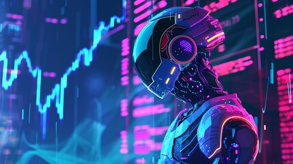 Fototapeta premium A futuristic illustration of a robot wearing a helmet with glowing lights.