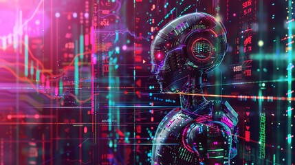 Futuristic illustration of an artificial intelligence with a glowing head and colorful background.