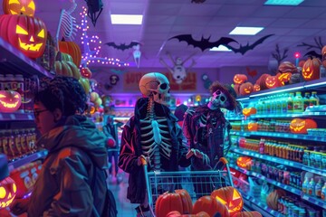 Obraz premium Skeletons shopping in a Halloween-themed supermarket with glowing jack-o'-lanterns and neon lighting, creating a surreal spooky atmosphere