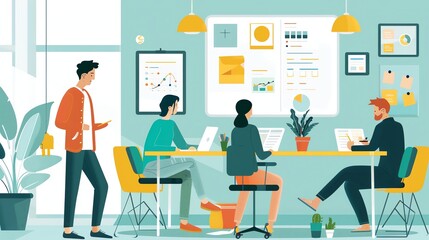 A group of people working in an office. There are three people sitting at a table and one person standing.