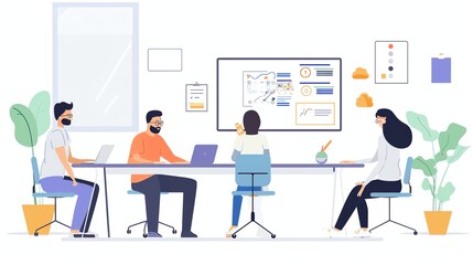 Fototapeta premium A group of people are sitting around a table in a meeting. They are looking at a whiteboard with a chart on it. There are plants in the background.