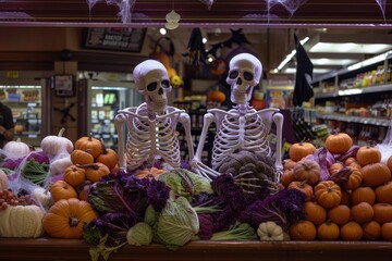 Two skeletons in a grocery store's produce section with pumpkins, cabbages, and Halloween decorations