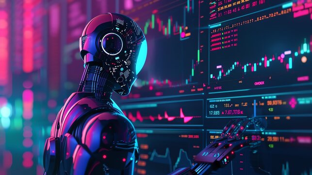 A robot trader is analyzing the stock market data on a large screen. The robot is using artificial intelligence to make trades.