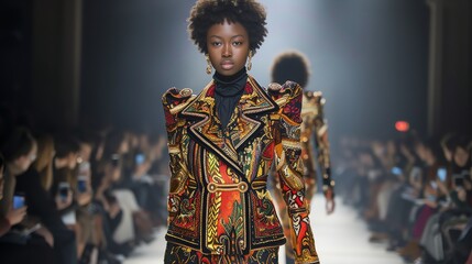 Young beautiful african american fashion model with afro hairstyle and elegant embroidered jacket with golden elements on the runway.
