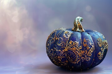 Ornately decorated blue pumpkin with intricate golden patterns against a soft gradient background, creating an elegant and festive composition