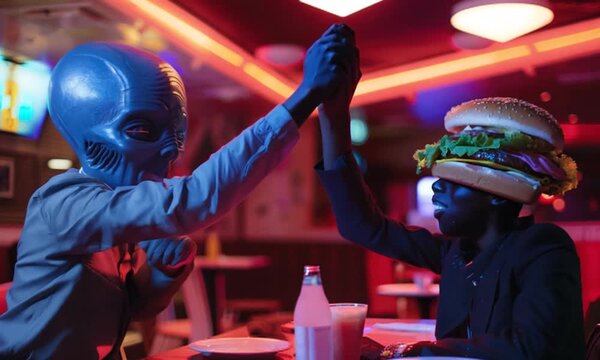 Out of this World Alien and Burger Costume High Five in Neon-Lit Diner, Weird Artificial Intelligence AI Generated Video