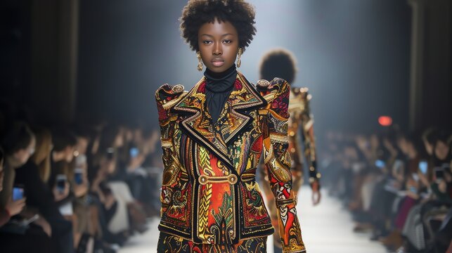 Young beautiful african american fashion model with afro hairstyle and elegant embroidered jacket with golden elements on the runway.