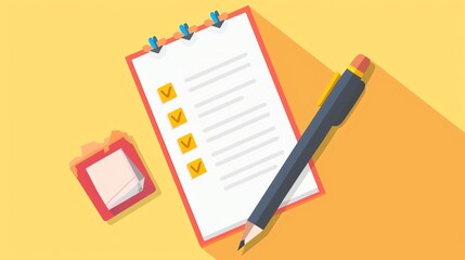Yellow background with a clipboard and a pencil on it. The clipboard has a to-do list on it with some of the items checked off.