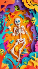Colorful paper art skeleton amidst vibrant cutout shapes and whimsical halloween elements