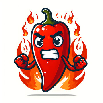 A cartoon pepper with red eyes and a red face is standing in front of a fire