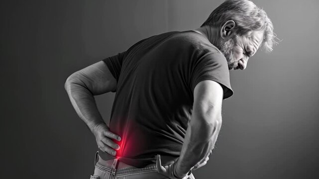 Senior gray haired man suffering from back pain, muscle spasm. Sad mature old male having back flank ache and problem after workout outside, massaging a sore spot
