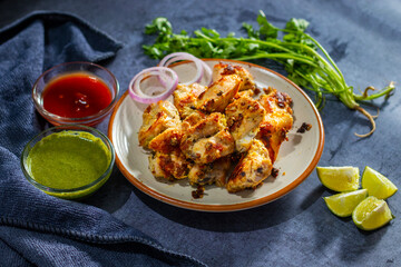 Chicken reshmi kabab or chicken malai kabab, delicious Mughlai cuisine, serve with mint chutney and tomato sauce. selective focus. 