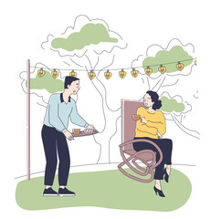 Couple rest at backyard. Man brought tray of food to girl. Recreation and relaxation in garden. People resting outdoors at summer. Linear vector illustration isolated on white background