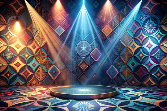 Colorful geometric stage platform with vibrant patterned backdrop, illuminated by dramatic spotlights. Perfect for performances and artistic displays.