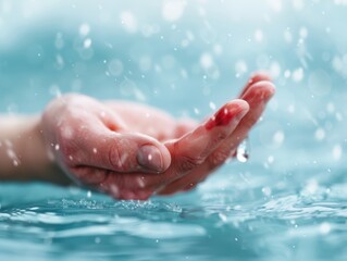 Fototapeta premium A hand emerges from water, droplets glistening, evoking a sense of tranquility and depth, with a hint of red.