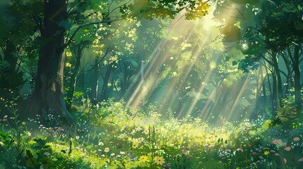 Sunbeams Filtering Through a Lush Green Forest with Wildflowers