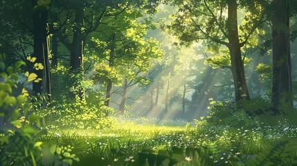 Obraz premium Sunbeams Illuminating a Dense Forest Clearing