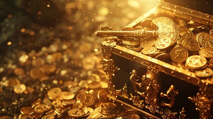 Golden treasure chest filled with gold coins and a golden key on top. The chest is sitting on a pile of gold coins.