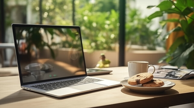 One Cup of coffee and dish of cookies stand on table near computer laptop in modern house work space.