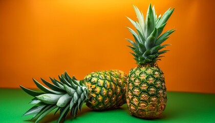 Fototapeta premium Tropical Contrast: Two Ripe Pineapples on Green with Vibrant Orange Background