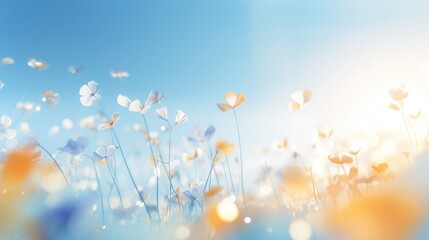 A bright blue sky background in spring with warm, soft light. Numerous small, colorful numbers float in a blurred