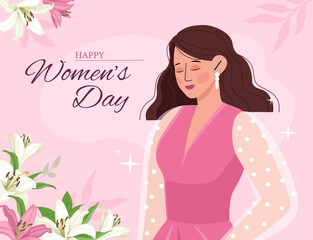 Happy womens day. Young girl in pink dress near bouquet of flowers. Greeting postcard for 8 March. Feminism and solidarity. International holiday and festival. Flat vector illustration