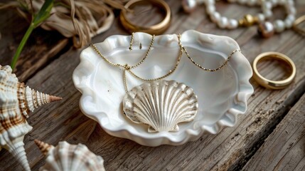 Seashell shaped ring dish with gold jewelry on wooden backdrop