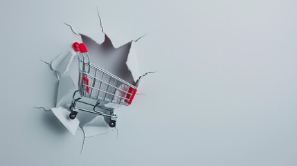 Shopping cart breaking through the wall with copy space