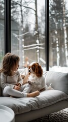 Young girl and brown Cavalier King Charles Spaniel sitting on a couch by a window in a cozy home.