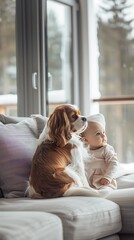 A baby and a dog sit on a cozy sofa by a large window, gazing outside, creating a peaceful scene.