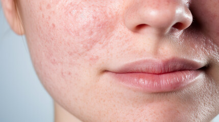 顔のニキビ跡がひどい女性の肌のクローズアップ