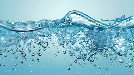 blue water surface with splash and air bubbles on white backgtround