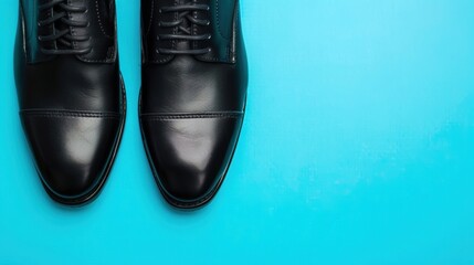 Sleek black formal shoes are showcased against a bright blue backdrop, emphasizing style and elegance