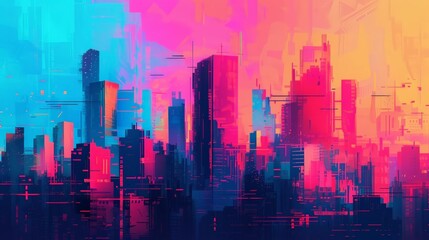 Futuristic city with glossy, translucent buildings, Expressionism, Neon lights, Digital art