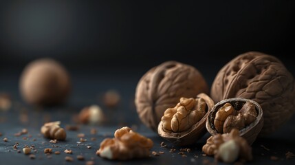Fototapeta premium A close-up image of a walnut in its shell. The walnut is sitting on a dark surface and is surrounded by other walnuts and walnut shells.