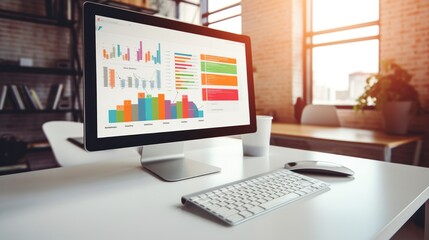 Naklejka premium High-resolution image of a vibrant presentation template displayed on a computer screen, with a focus on modern design elements and layout,