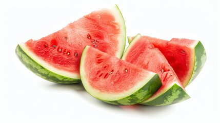 A close-up image of a watermelon cut into four slices. The rind of the watermelon is green and the flesh is red and juicy.