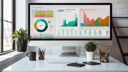 High-resolution image of a vibrant presentation template displayed on a computer screen, with a focus on modern design elements and layout,